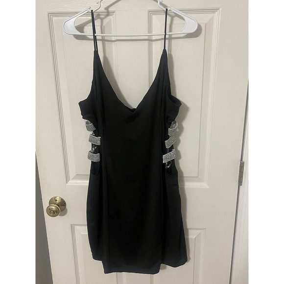 NWT Womens Faded Rose Size XL Black Cocktail Mini Dress Silver Glitter Cut Outs - Picture 1 of 6